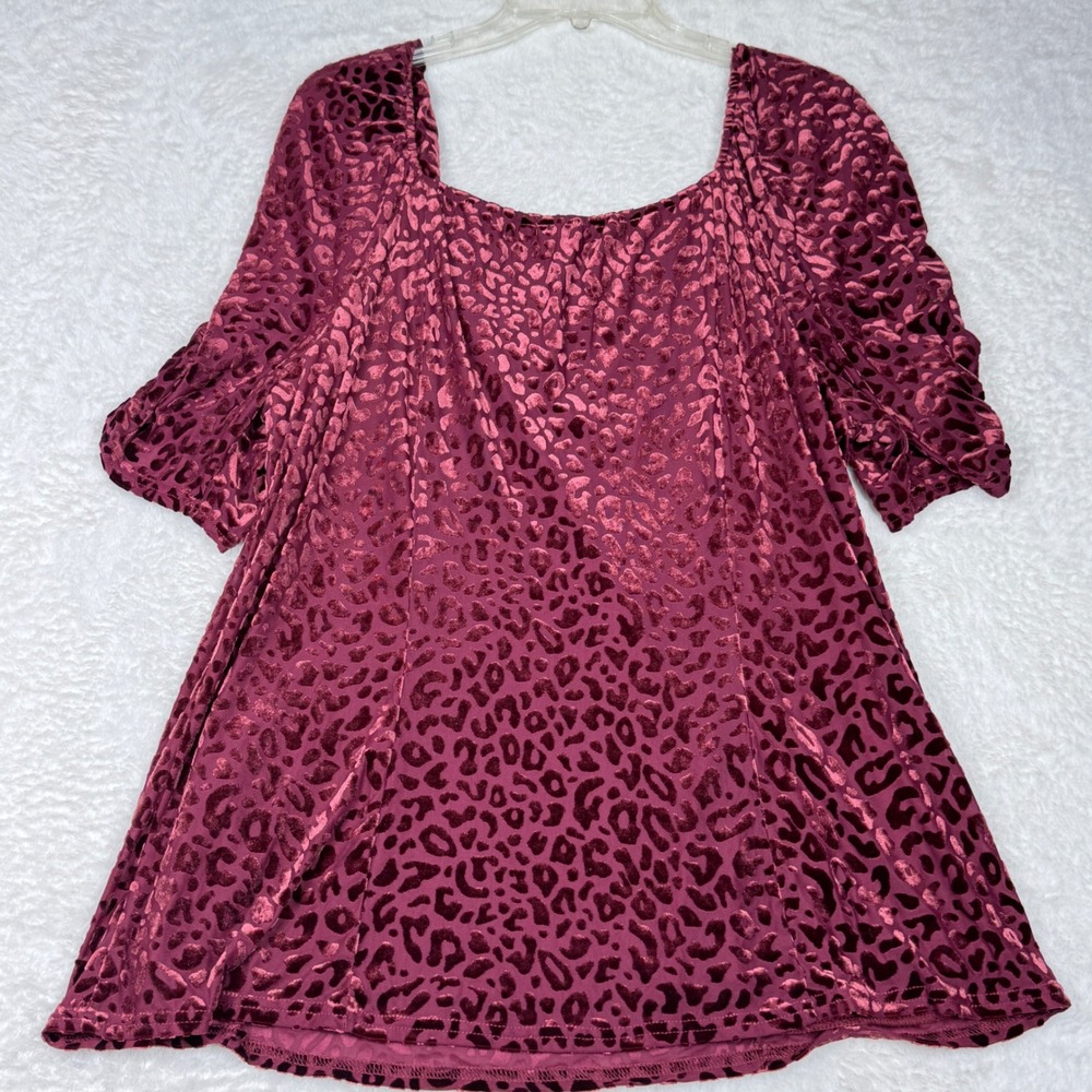 Siren Lily Blouse Women 2X Burgundy Mob Wife Burnout Velvet Leopard - Picture 3 of 9